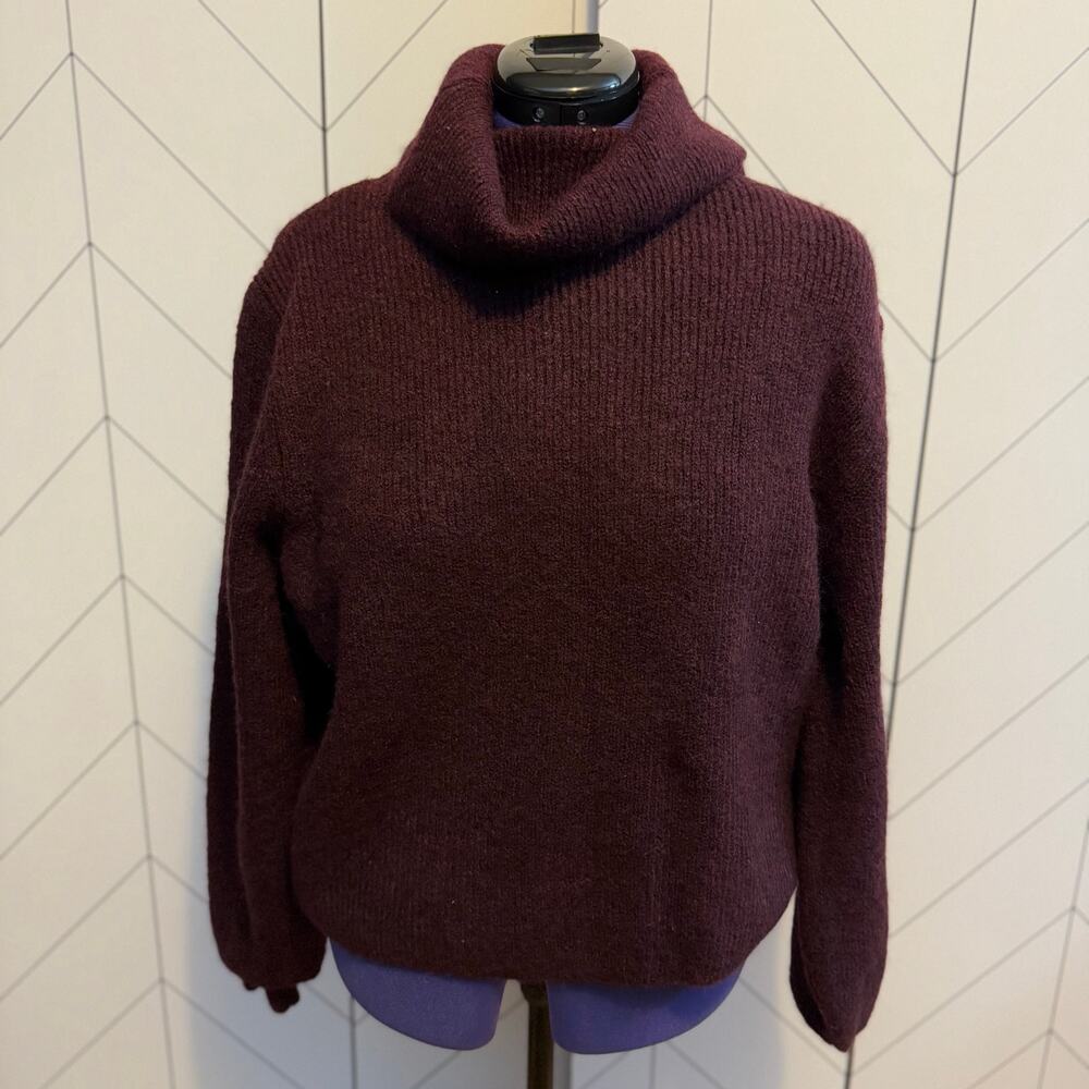 Topshop Womens 12 Maroon Long Puff Sleeve Chunky Turtleneck Pullover Sweater